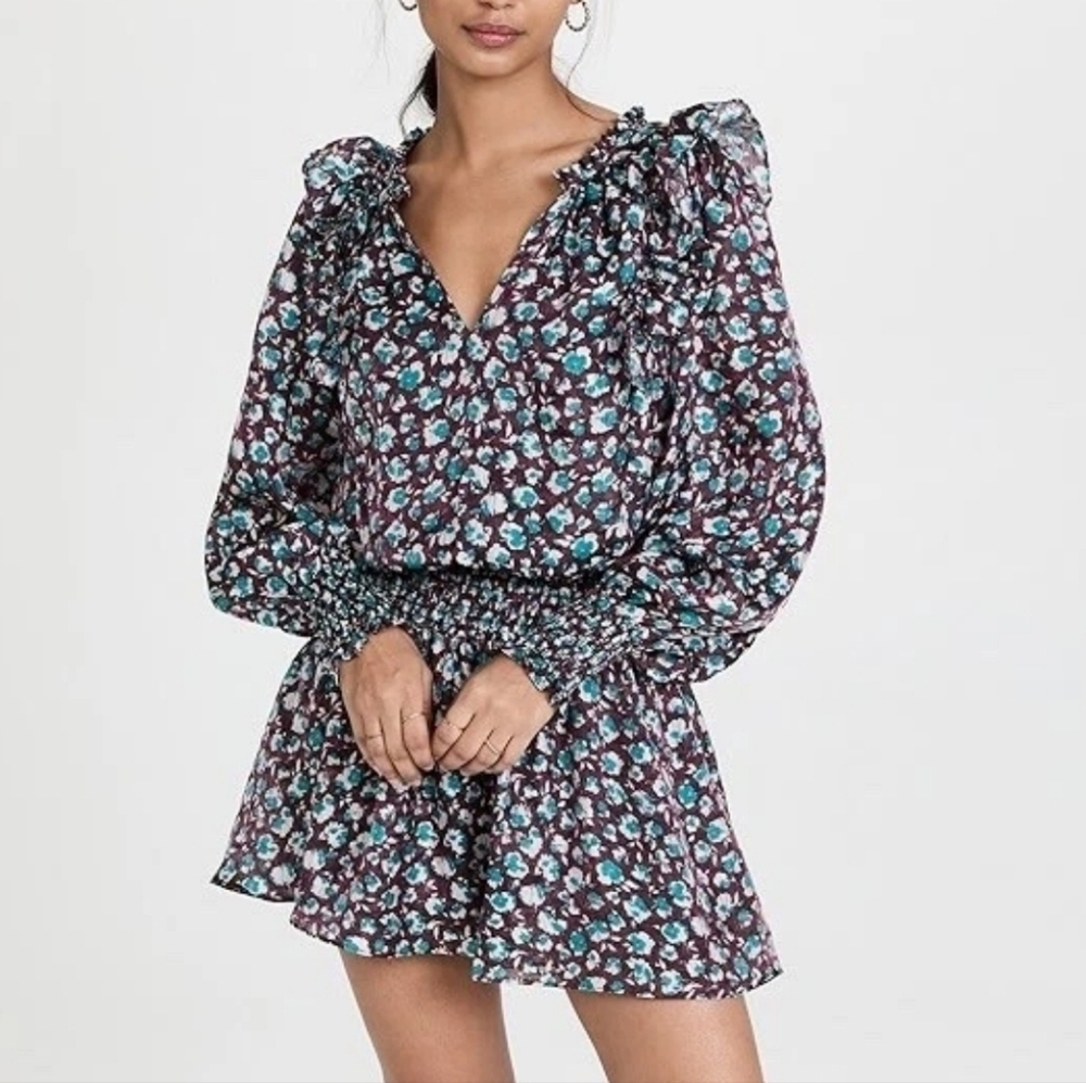 Ramy Brook Penelope Printed Ruffle Mini Dress Womens Medium‎ Roco Purple Blue